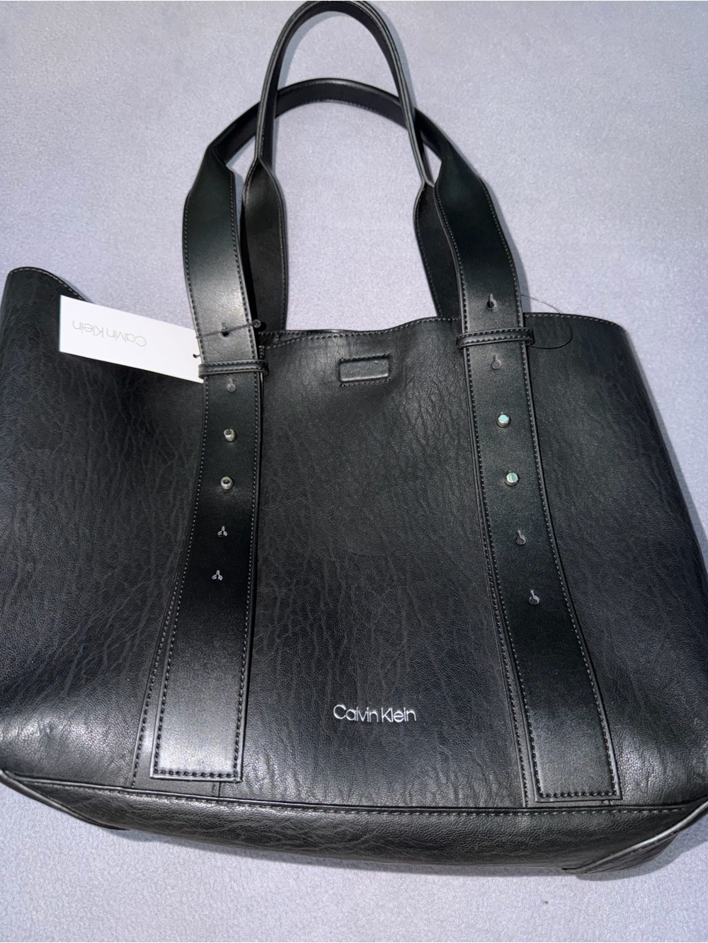 NWT Calvin Klein Black Leather-Effect Tote with Studded Straps